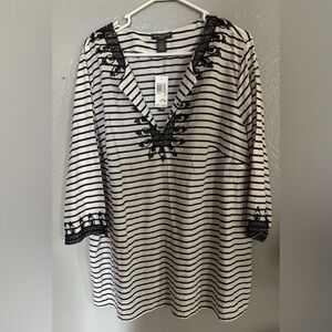 Chelsea &‎ Theodore white/ black striped tunic blouse embroidery details SZ 2X
